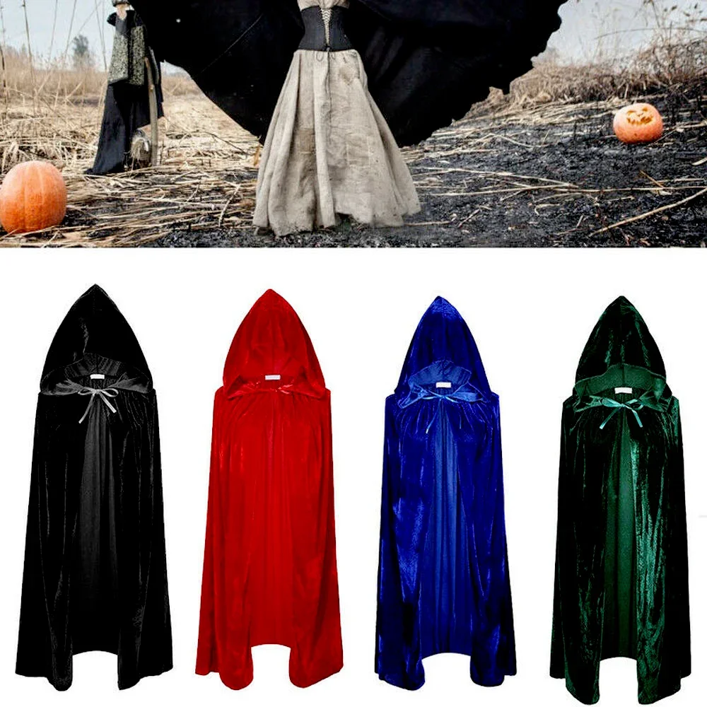 Halloween Hooded Velvet Cloak Robe Cape Medieval Witchcraft Cape Cosplay Costume