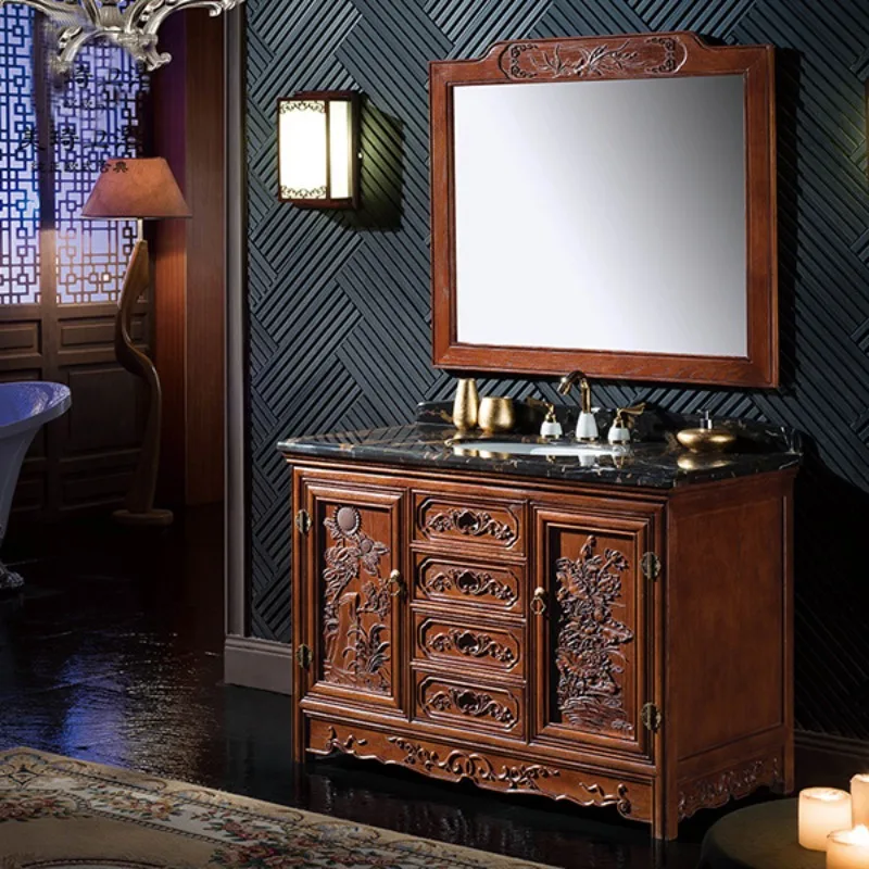 New Chinese classical bathroom cabinet, antique solid wood floor-to-ceiling hand wash face, double basin washstand