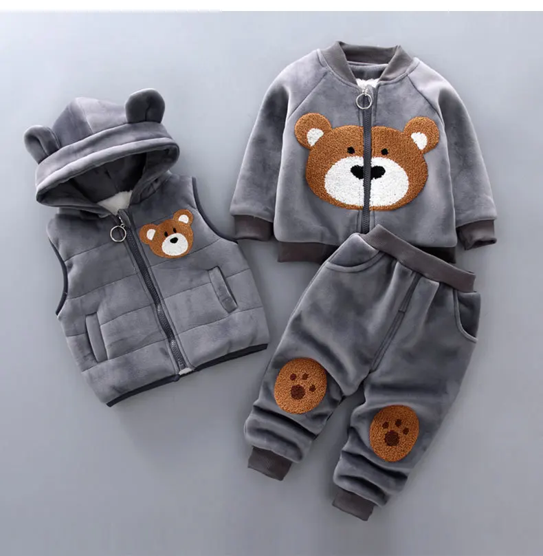 Autumn Winter Baby Boys Clothes Sets Thick Fleece Cartoon Jacket Hooded Vest Pants 3Pcs Cotton Sport Suit For Girls Warm Outfits