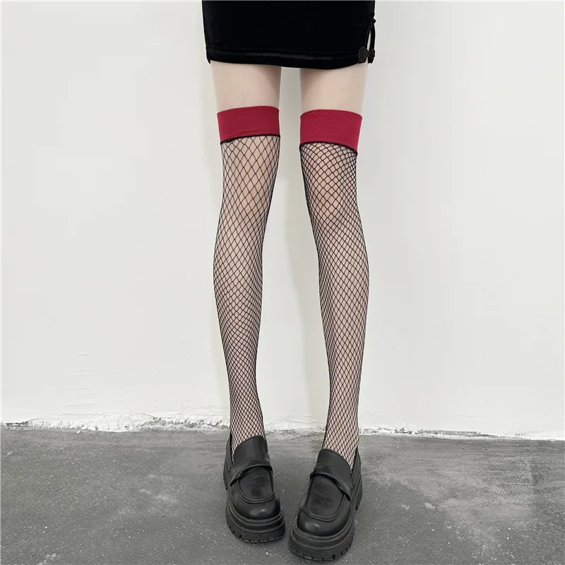 Sexy Silk Fishnet Red over-the-Knee Female Online Influencer Jk Black Stockings Contrast Colo