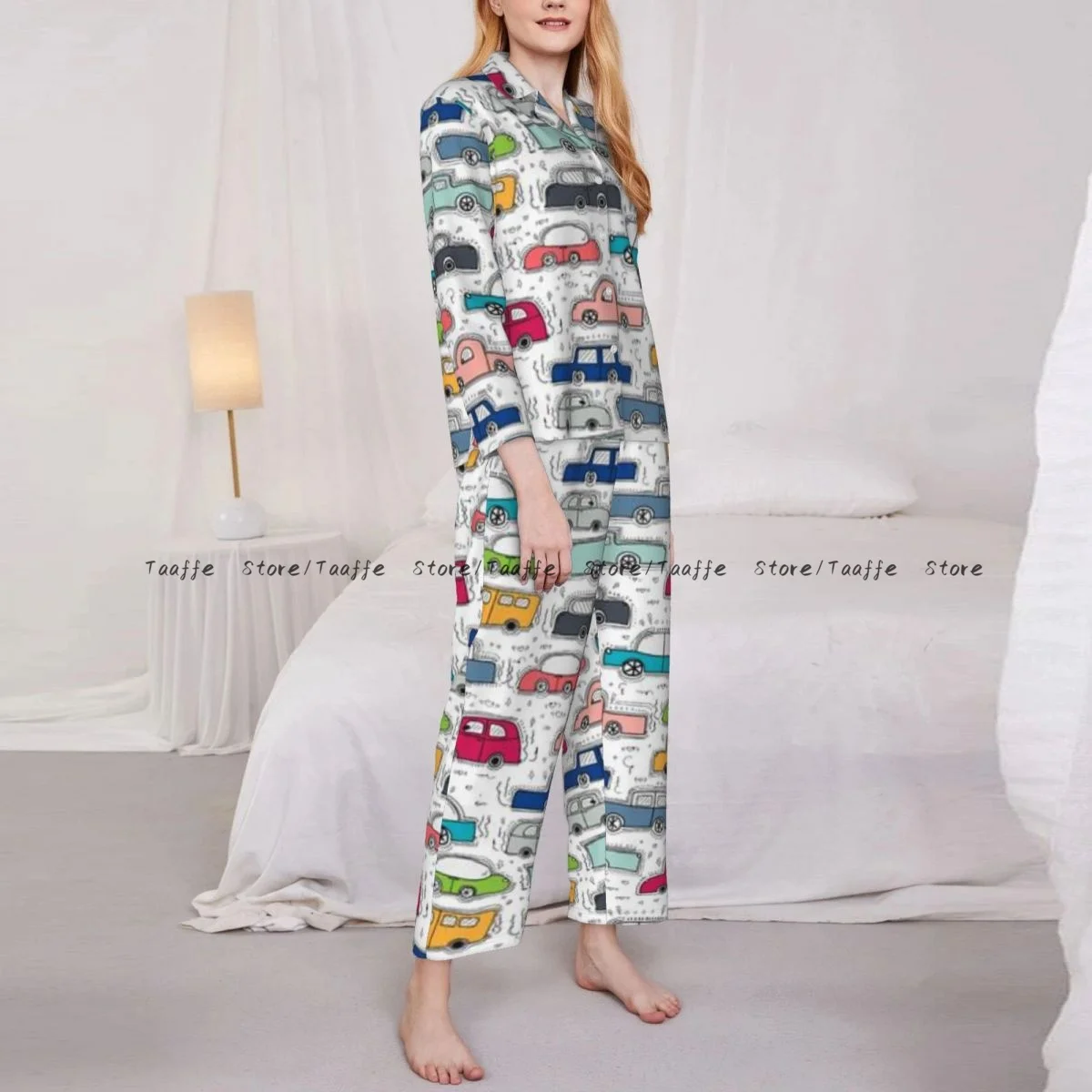 Spring and Autumn Pajama Set Women's Long Sleeve Pants Two Piece Hand Drawn Cars Background Home Furnishing Set