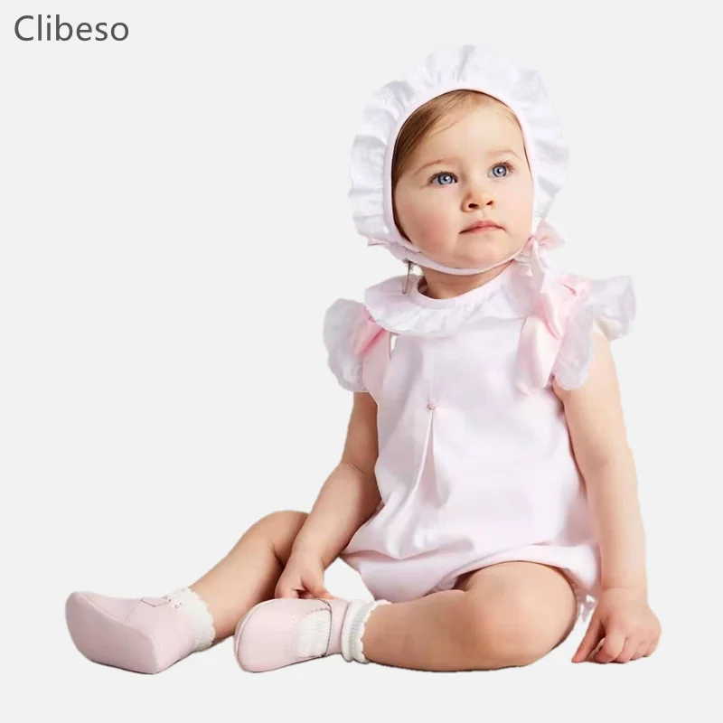 Barboteuse rose avec chapeau pour bébés filles, vêtements d\'été espagnols pour enfants, combinaisons en coton pour nouveau-nés, moteurs, 2024