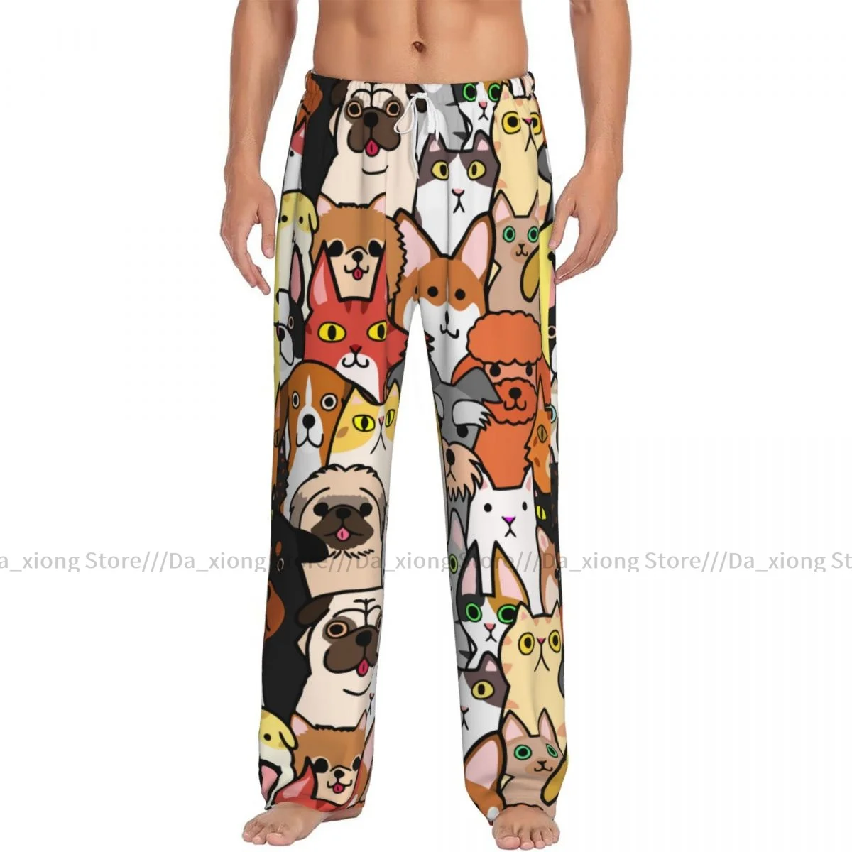 Men's Sleepwear Loose Sleep Pants Pajamas Doodle Dogs And Cats Faces Long Lounge Bottoms Casual Homewear