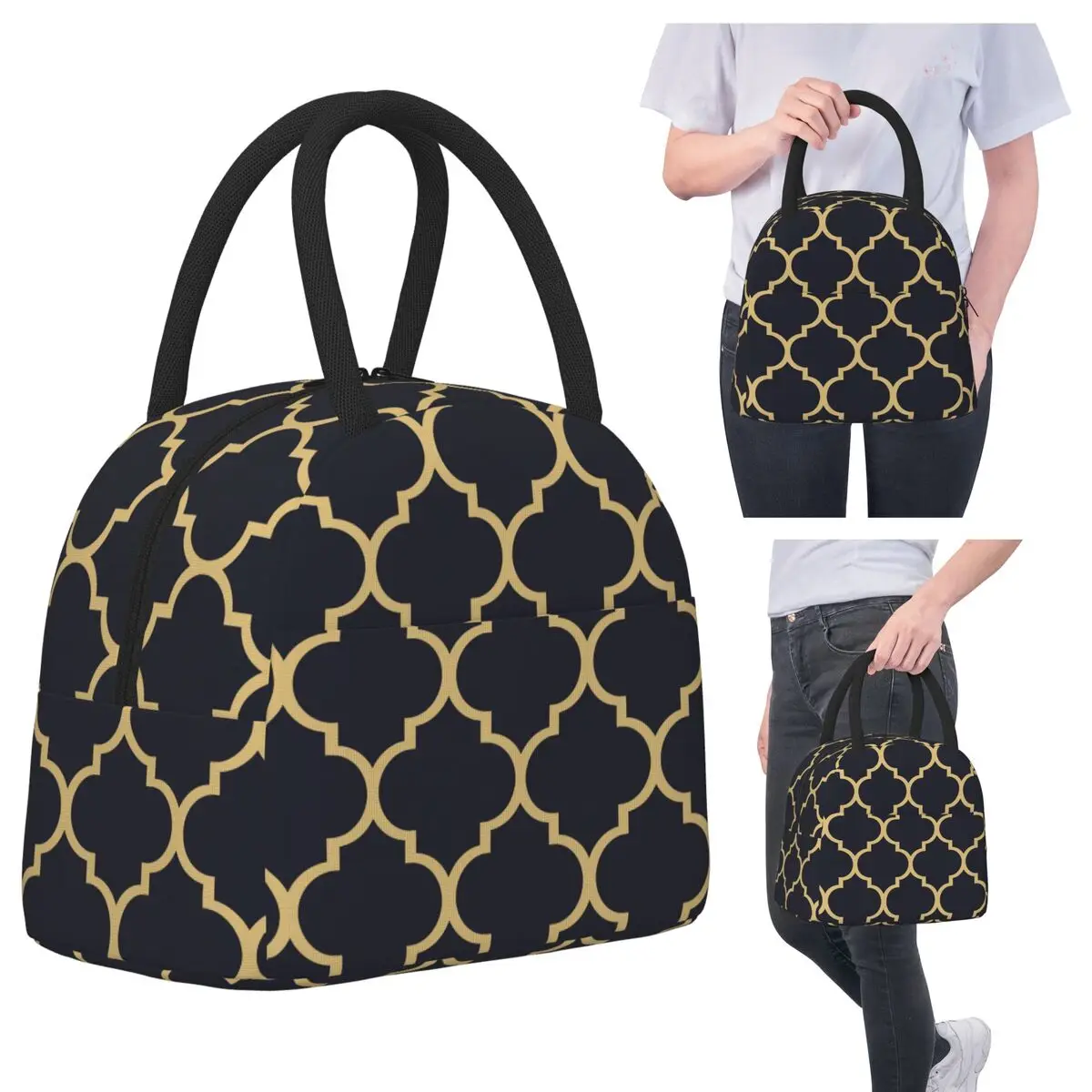 

Midnight Blue And Gold Moroccan Trellis Pattern Insulated Lunch Bag for Kids School Cooler Thermal Food Box Tote Lunch Boxes