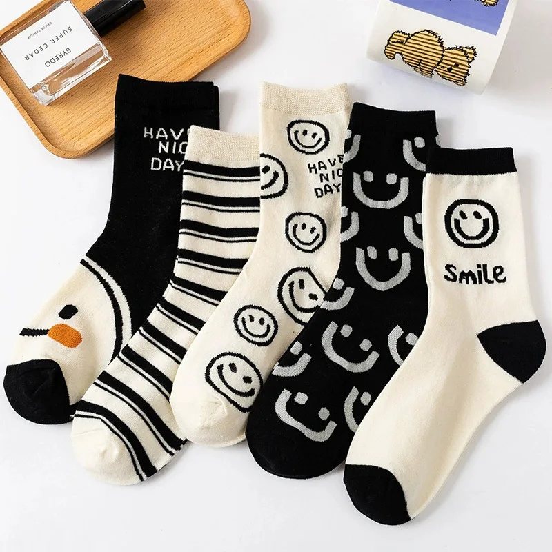 5 Pairs Cartoon Printed Women\'s Short Socks Cute Black White Ankle Socks Spring Autumn Fashionable Sweet Girls\' Mid Length Socks