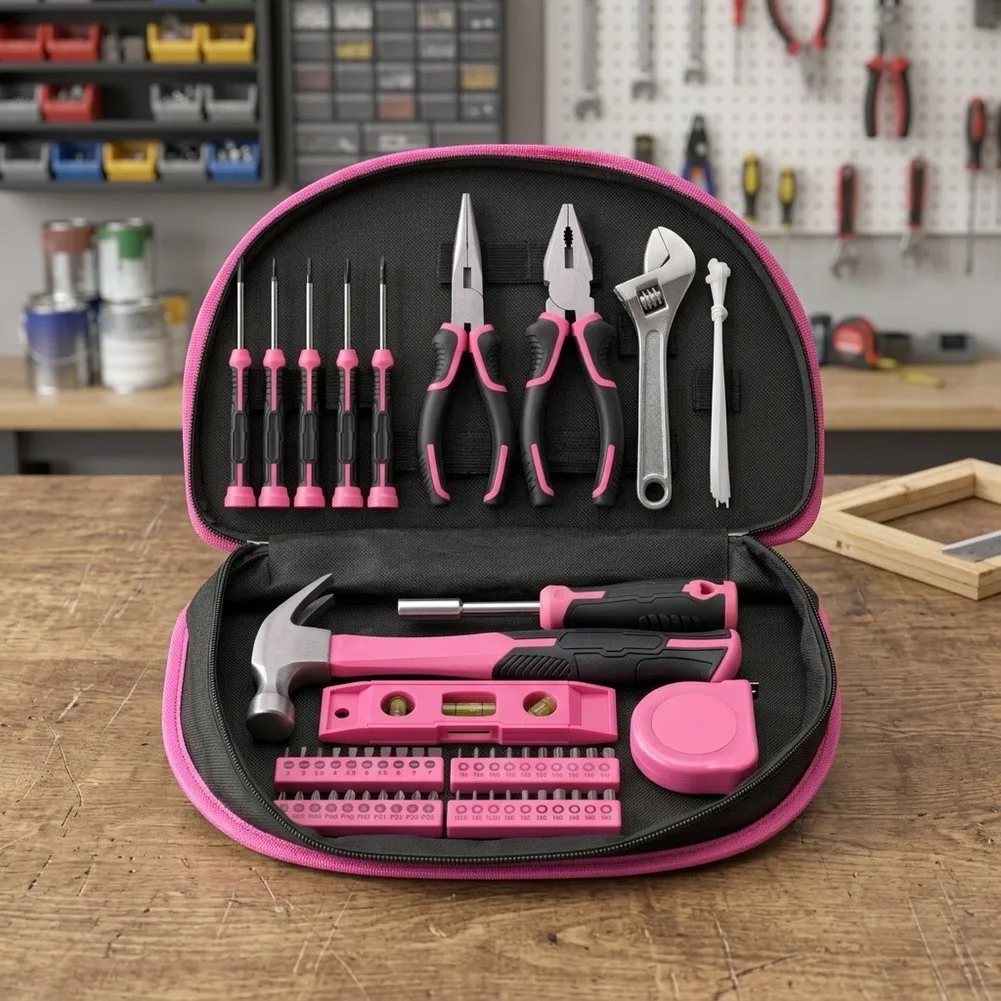 63pc Pink Tool for kit Designed for Women - Compact Round Bag Storage Includes Hammer Level Measuring Tape Pliers Screwdrivers