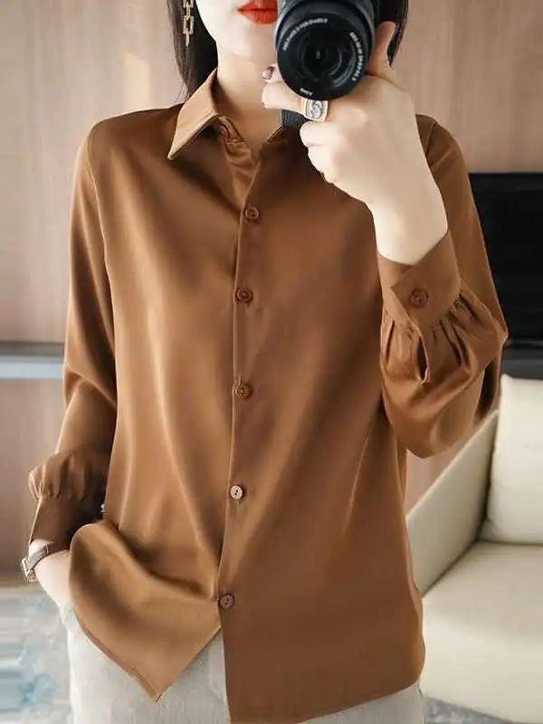 

Новая весенняя женская рубашка из шелкового атласа с длинным рукавом, тонкая, не деформируемая, для офиса и повседневной носки