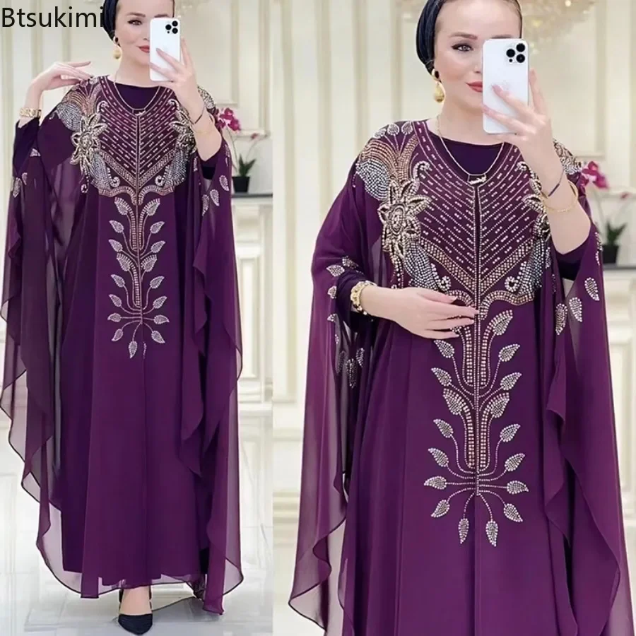 Chiffon Boubou Ramadan Dubai Muslim Dresses 2 Piece Sets Women Luxury Kaftan Islam Kimono Robe Caftan Marocain 2024 Abayas Femme