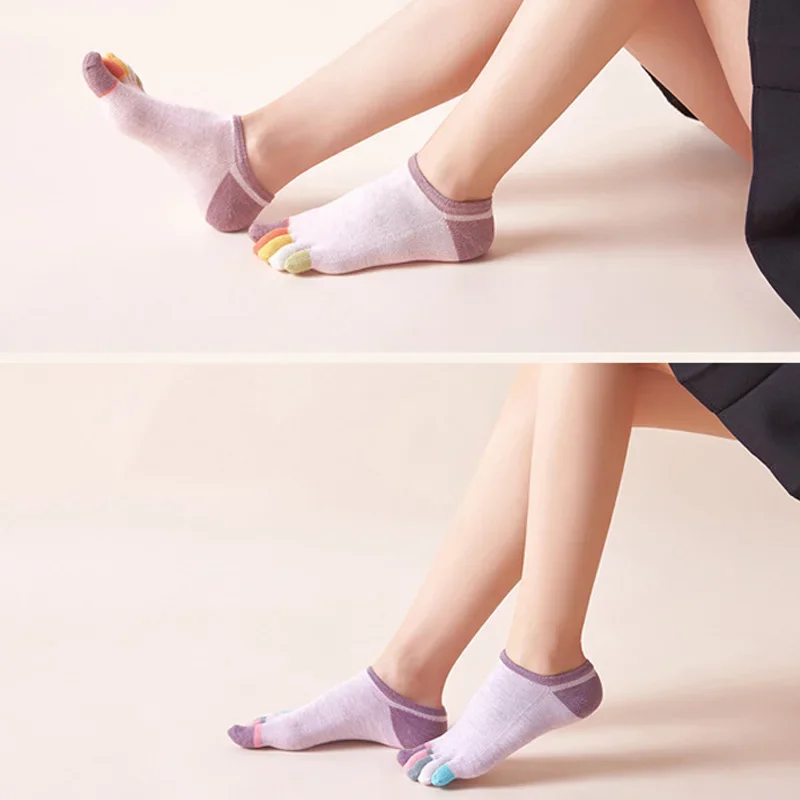 5 คู่ฤดูใบไม้ผลิไม่มีแสดงถุงเท้านิ้วเท้าผ้าฝ้ายสีสันน่ารักสบายๆนุ่ม Breathable,ระงับกลิ่นกาย, ที่มองไม่เห็น 5 นิ้วถุงเท้า Harajuku