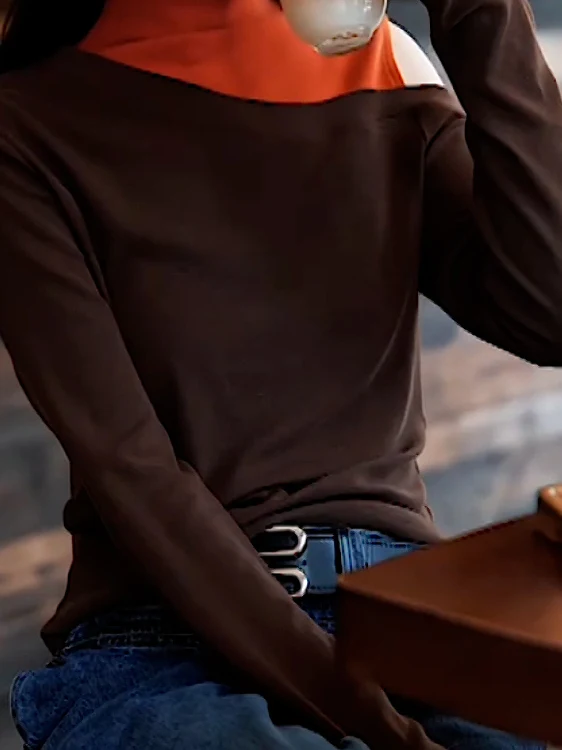 

Simple Sle Long Sve oulder Bared f High Collar Women's T-irt Splice Slim Fit Base irt Top for Autumn 2025