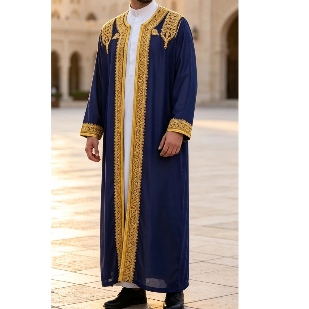 Men Muslim Kaftan Embroidery Long Sleeve Robe Arabic Thobe Abaya Dubai Eid Prayer Outfit Islamic Men Jubba Dishdasha Daffah Arab
