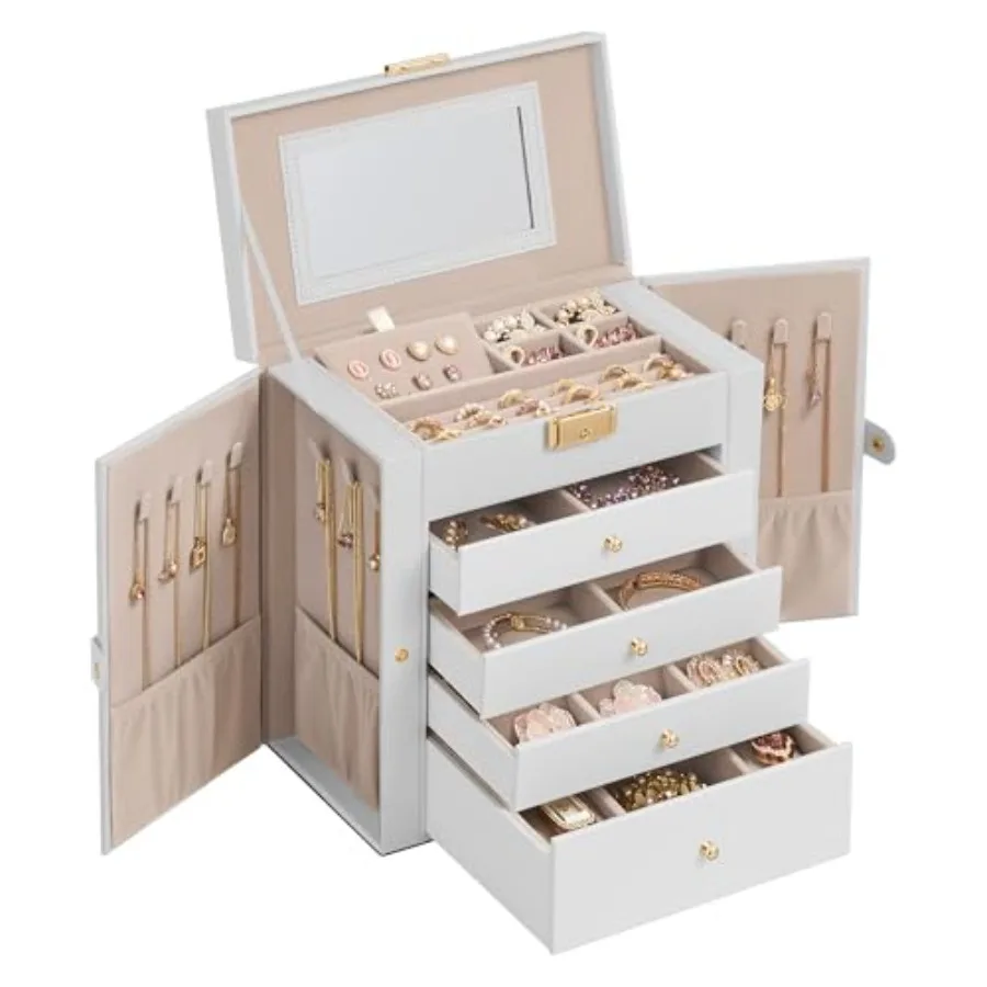 5-Layer Jewelry Box Organizer with 4 Drawers, Jewelry Storage Case with Lock and Mirror, Large Storage Capacity, Gift for Loved