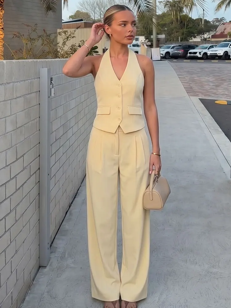 HH Woman Vintage Halter Neck Vest Zip Straight Trousers 2 Piece Set For Women Spring Summer Casual Fashion Holiday Beach Suits image 6
