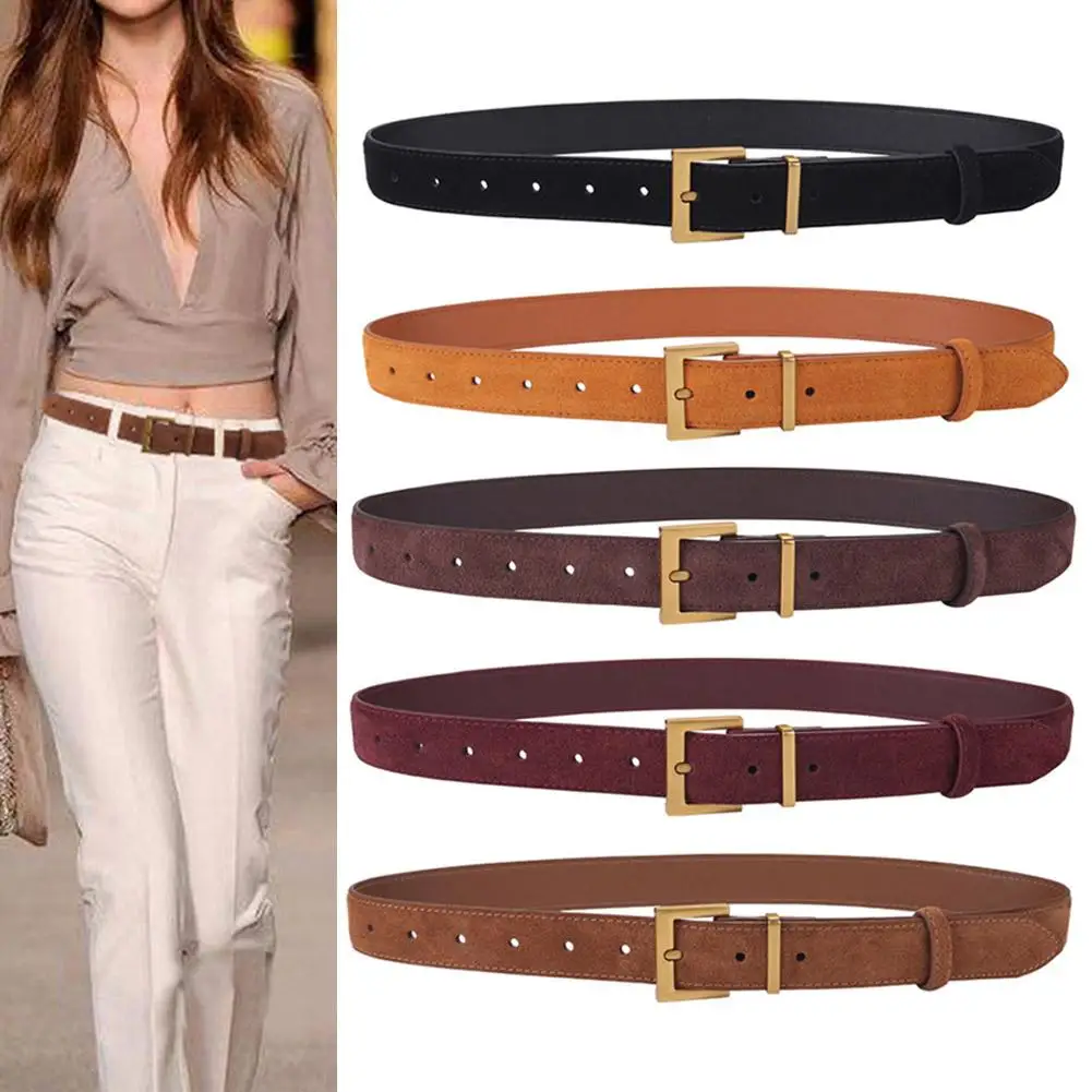 Women's Vintage Skinny Belt with Square Silver Buckle Retro Casual Fashion Belt for Dresses Jeans Wear Resistant Classic St K4H7