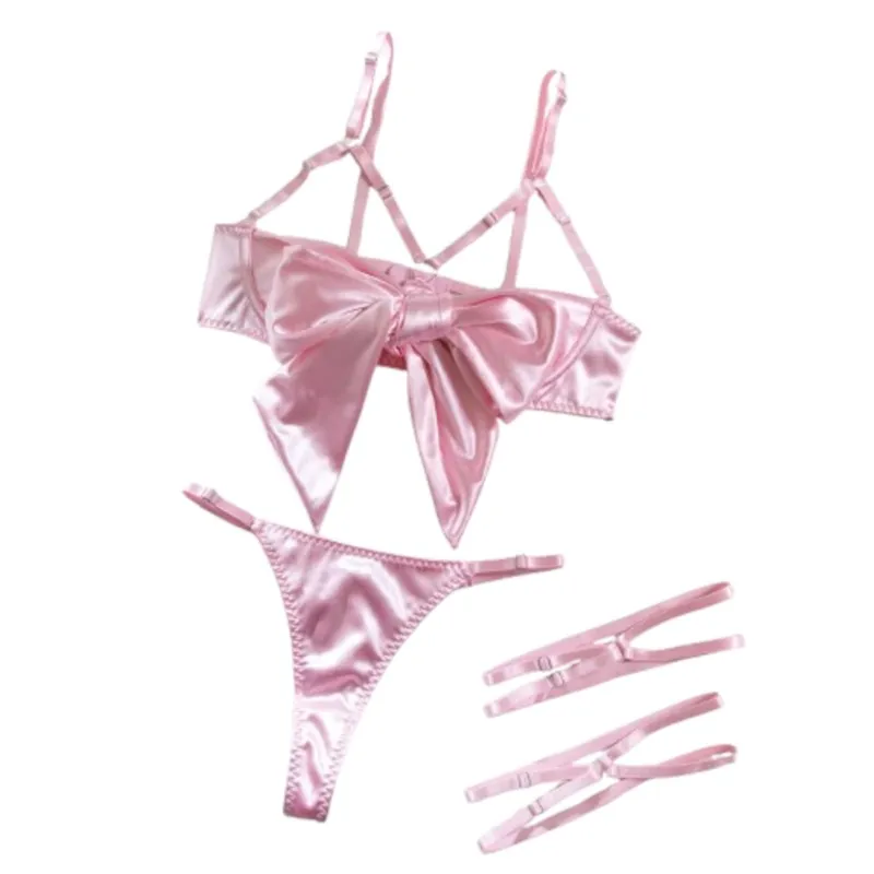 Sexy Satin Bow Open Cup Underwire Bra Set, Women's Strappy Lingerie with Garter Leg Harness and Thong, Romantic Gift Nightwear