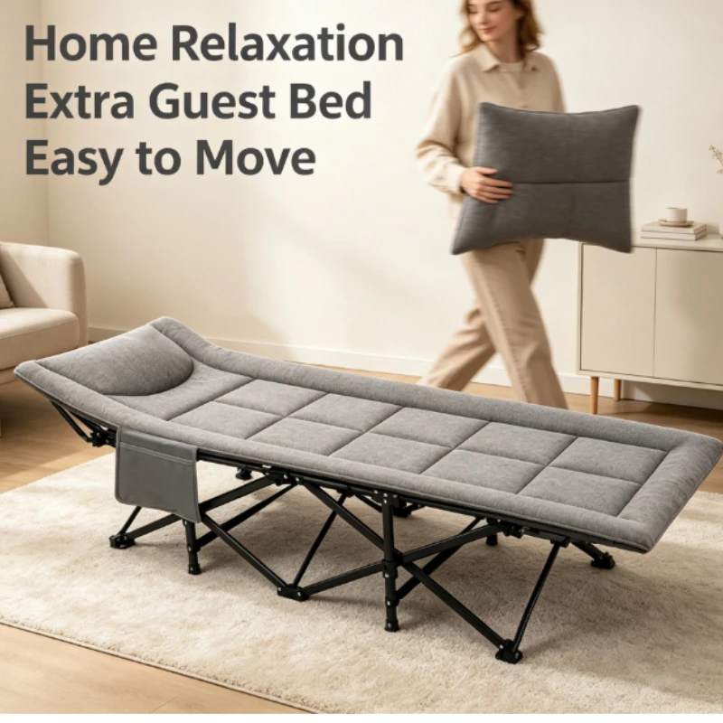 Folding Guest Bed With Thick Mattress And Side Pocket For Home Office Nap Temporary Sleeping Furniture Indoor Rest Accessory