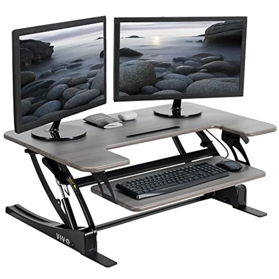 Dark Gray 36 Inch Standing Desk Converter for Home Office Use, Steel Frame with Smooth Height Adjustment Mechanism