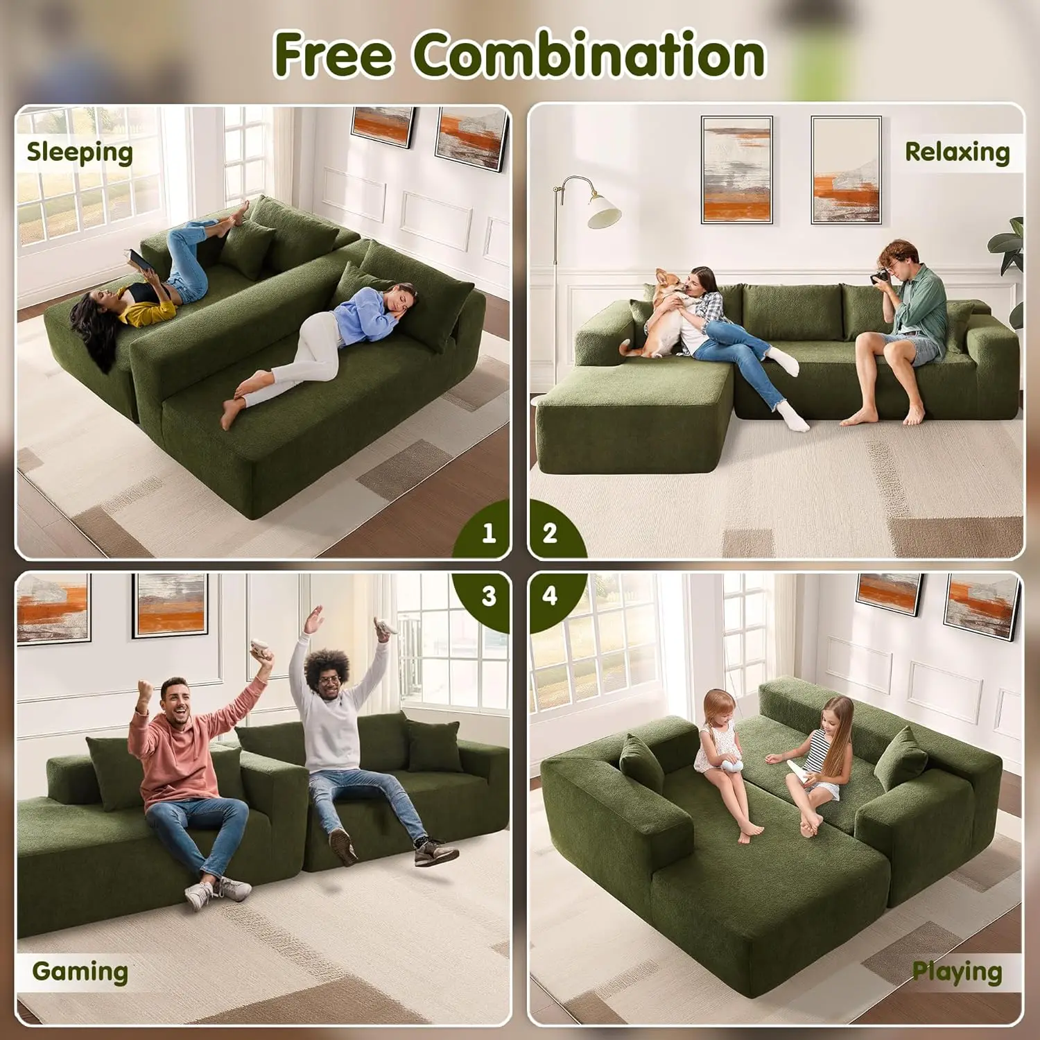 أريكة معيارية حديثة مقسمة سحابة مقاس 104 بوصة مع مقعد عميق، أرائك منجدة لغرفة المعيشة وغرفة النوم، لا تتطلب تجميعًا،