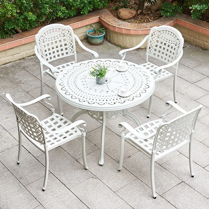 

*European garden restaurant furniture Rust proof metal aluminum Courtyard patio dining table and chairs round white table set