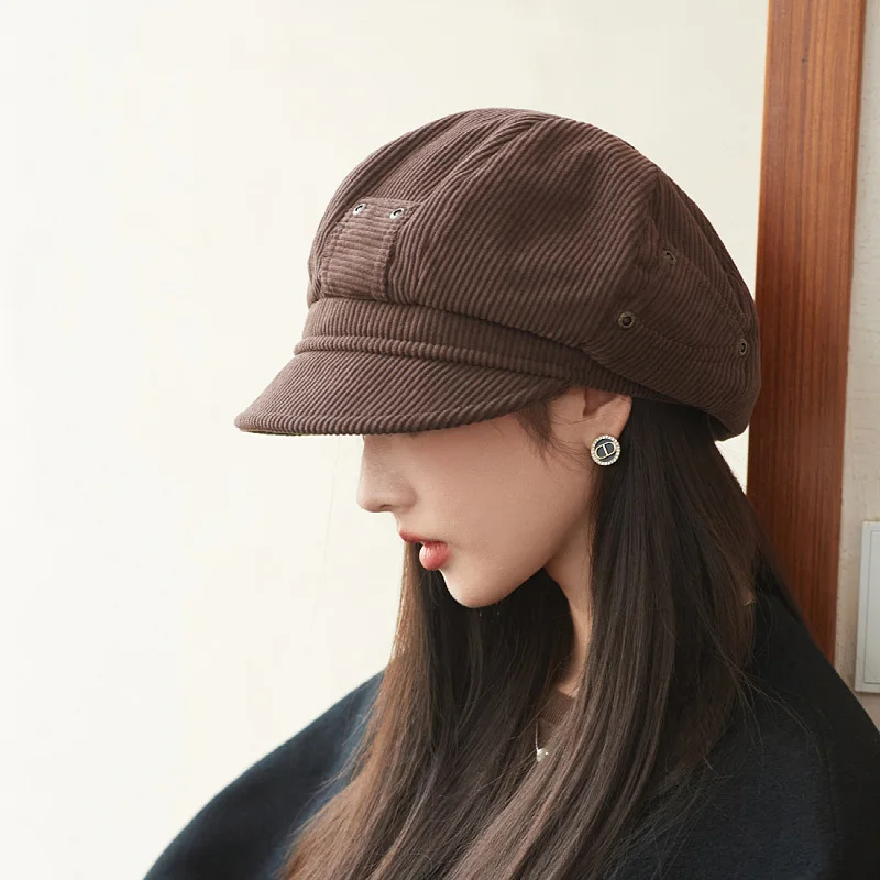Autumn Winter Warm Beret for Women Thickened Corduroy Octagonal Hat Trendy Vintage Solid Color Berets Japanese Retro Painter Cap image 6