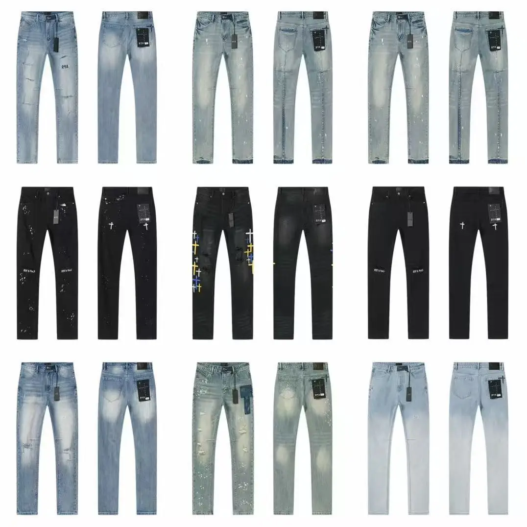 

2026 RTA Men's Slim Fit Jeans Collection Distressed Ripped Paint Splatter Studded Patch Vintage Washed Streetwear Fashion Pants