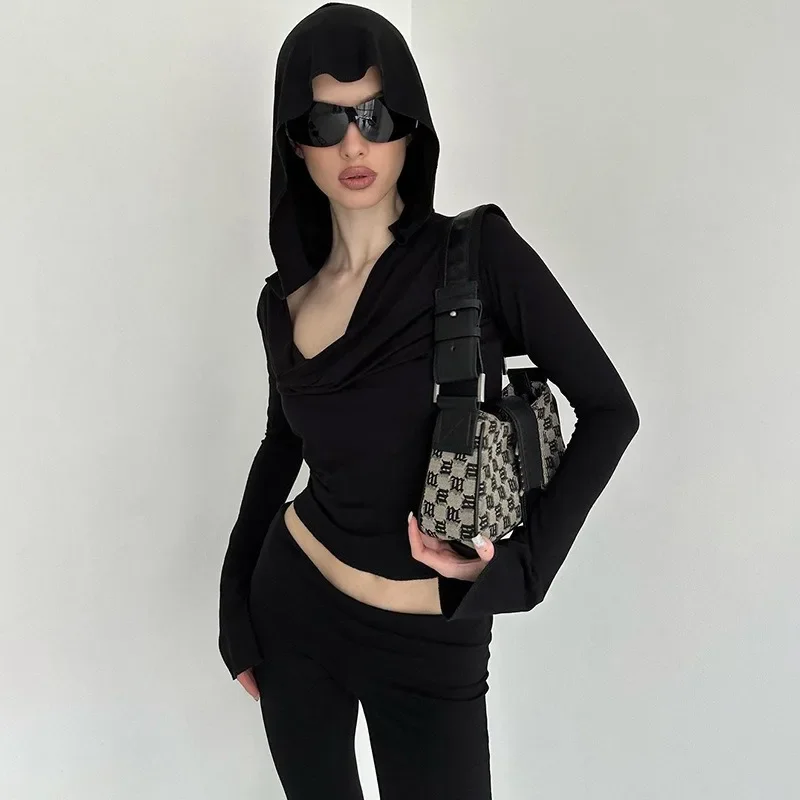 

Spring/Autumn Women's Deep V-Neck Flare Sleeve T-Shirt Sexy Black Hooded Tops Y2k Crop Tees Slim Fit Women's Clothes 5509