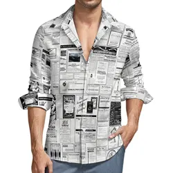 Newspaper Print Shirt Y2K Mens Vintage Advertising Casual Shirts Autumn Custom Blouses Long Sleeve Cool Oversize Clothing Gift