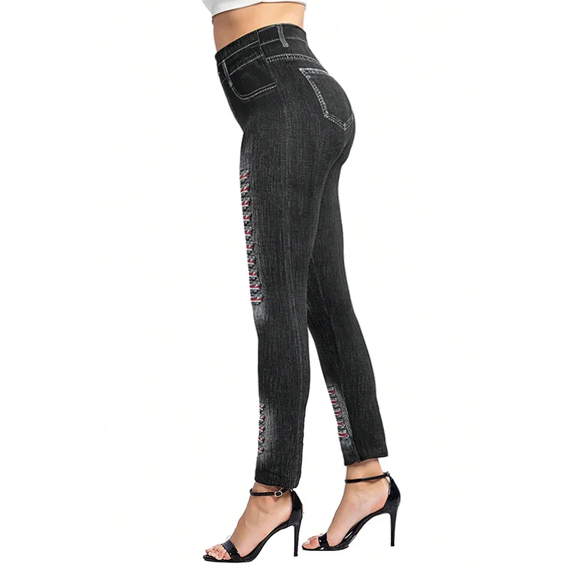 PD395 New European and American Fashion Striped Printed Denim Inspired Leggings with Elastic Hip Lifting Cropped Pants