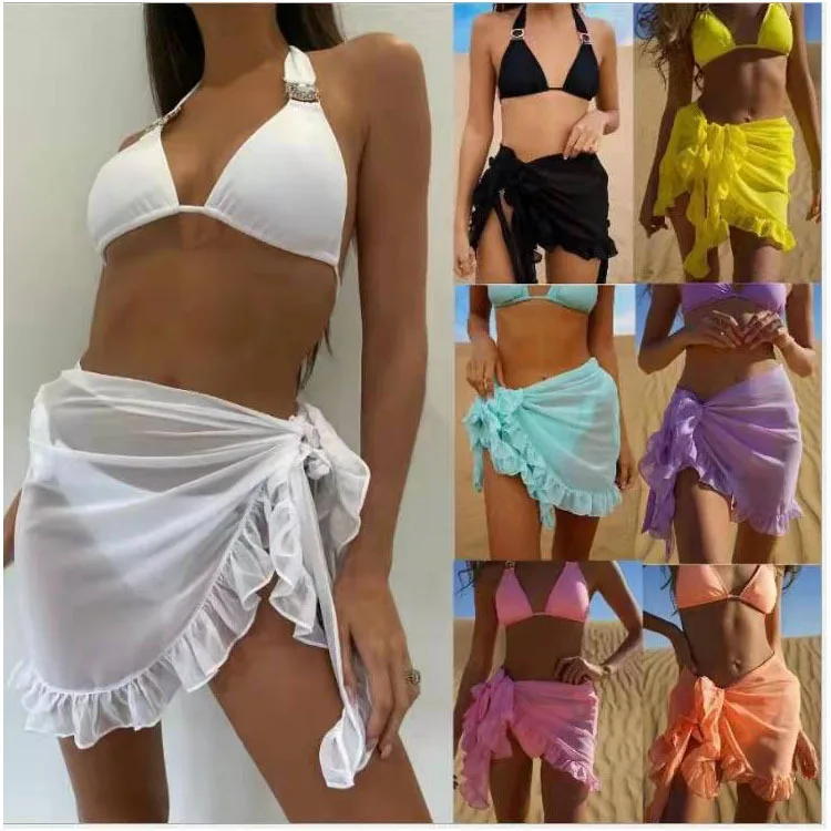 Summer Short Skirt European American Chiffon Pure Color Seaside Vacation Sunscreen Bikini Ear Edge Beach Skirt Women