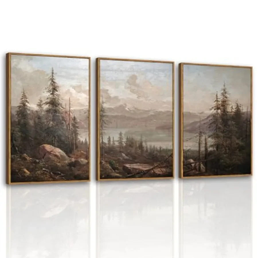 

Living Room Vintage Landscape Wall Art, Canvas, Beige Green, Large Framed 16x24inch Set of 3 for Bedroom Above Bed Decor