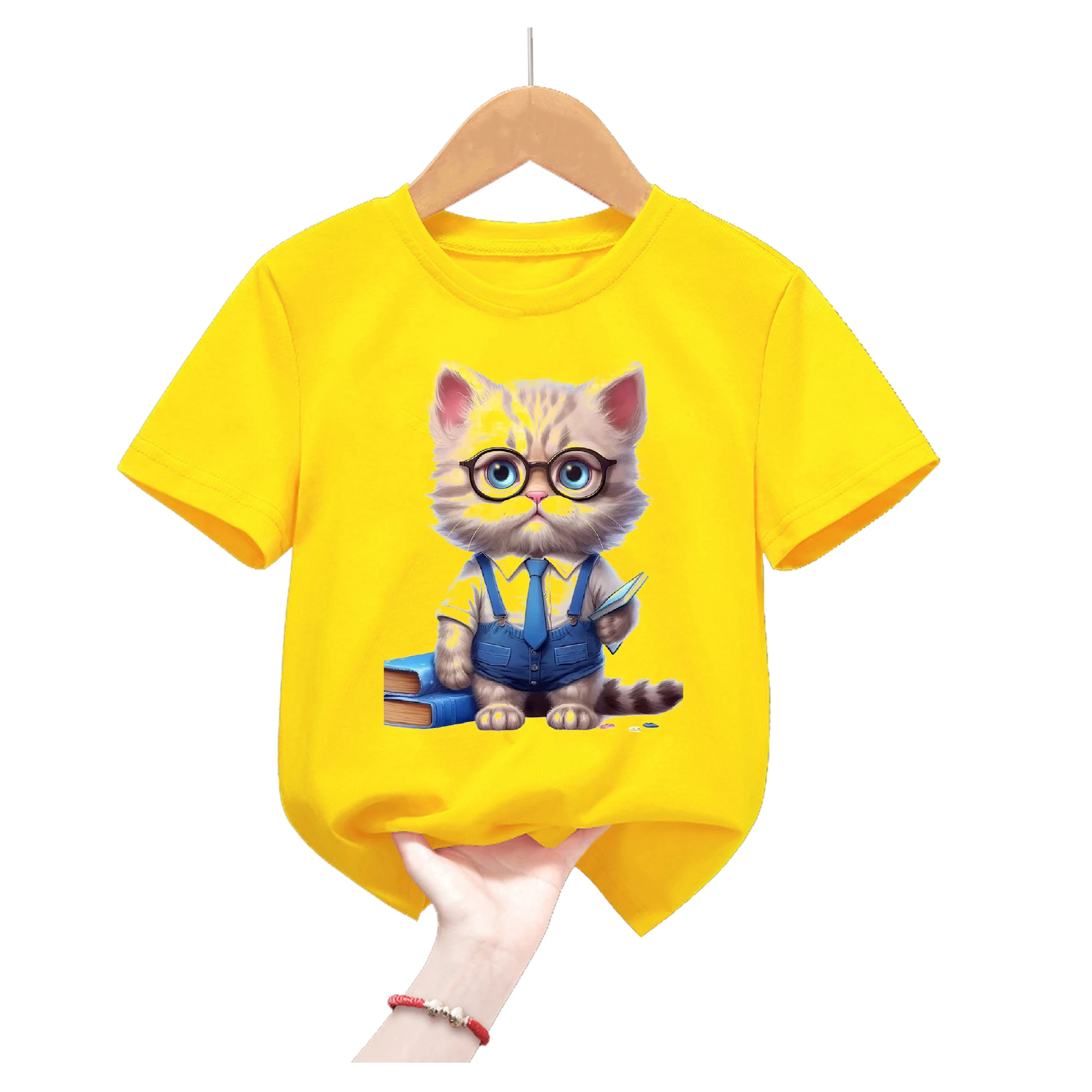 Funny Cat Animal Print Yellow Tshirt Girls/Boys Best Friends Kids Clothes Summer Tops Short Sleeve T-Shirt Children'S Clothing