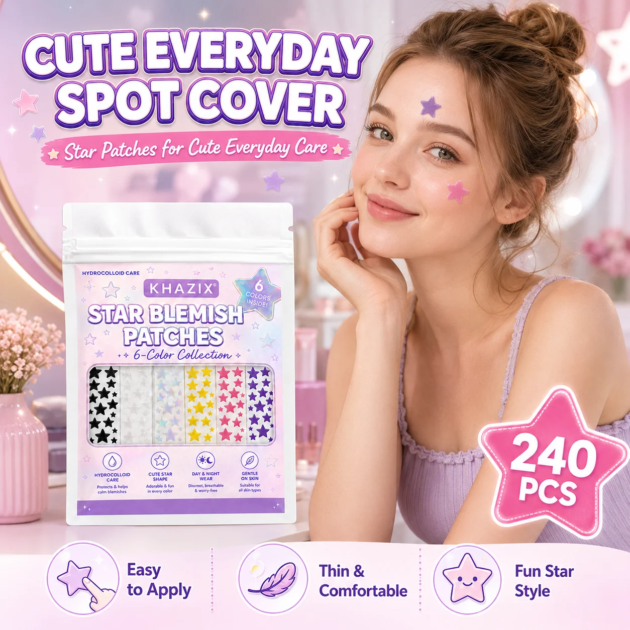 240PCS Star Pimple Patches For Face Hydrocolloid, Absorbing Cover, Tea Tree, Hydrocolloid Acne Patch, Cute Star Pimple view 5