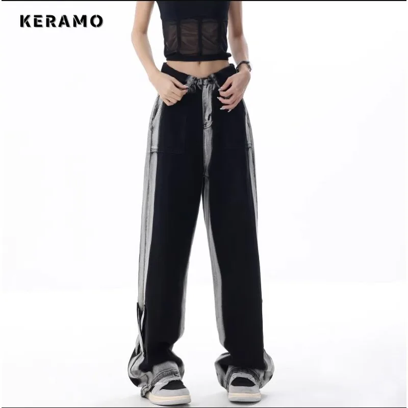 

American Vintage High Waist Contrast Color Straight Jeans Pants Women Casual Baggy Y2K Wide Leg Grunge Streetwear Denim Trouser