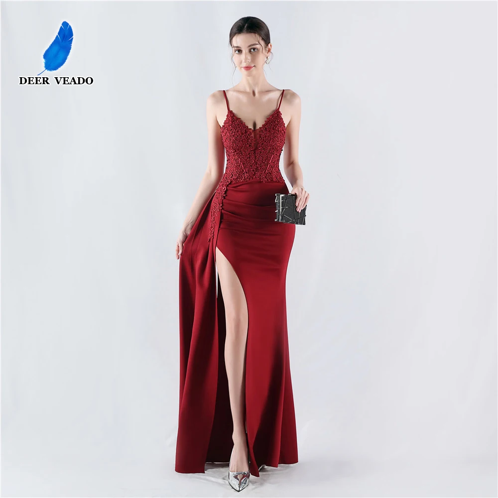 

DEERVEADO 7 Colors Sexy Mermaid Slit Soft Satin Evening Dresses Women's Strap Formal Dress with Appliques Wedding Party Dresses