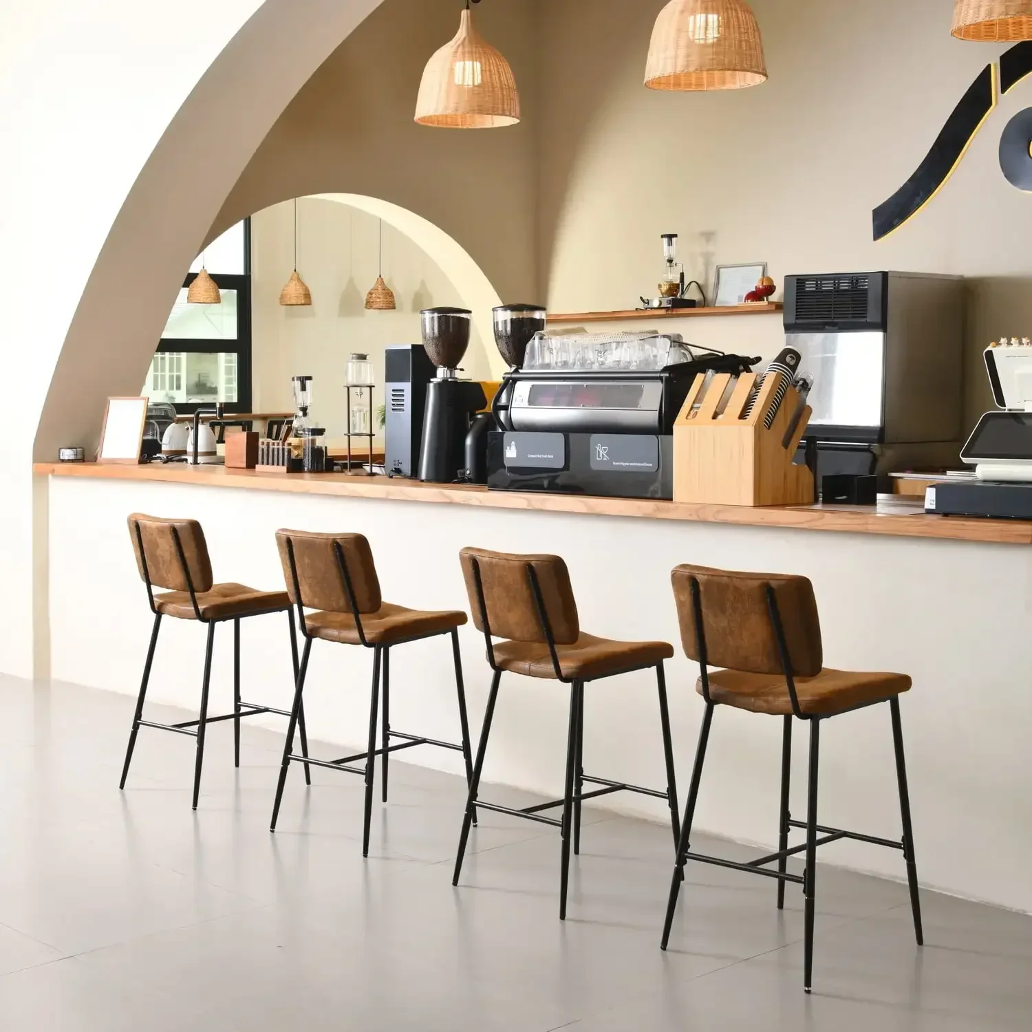 Counter Height Bar Stools Set of 2, 26" Modern Mid Century Upholstered BarStools Chair Backrest Footrest for Home , Brown