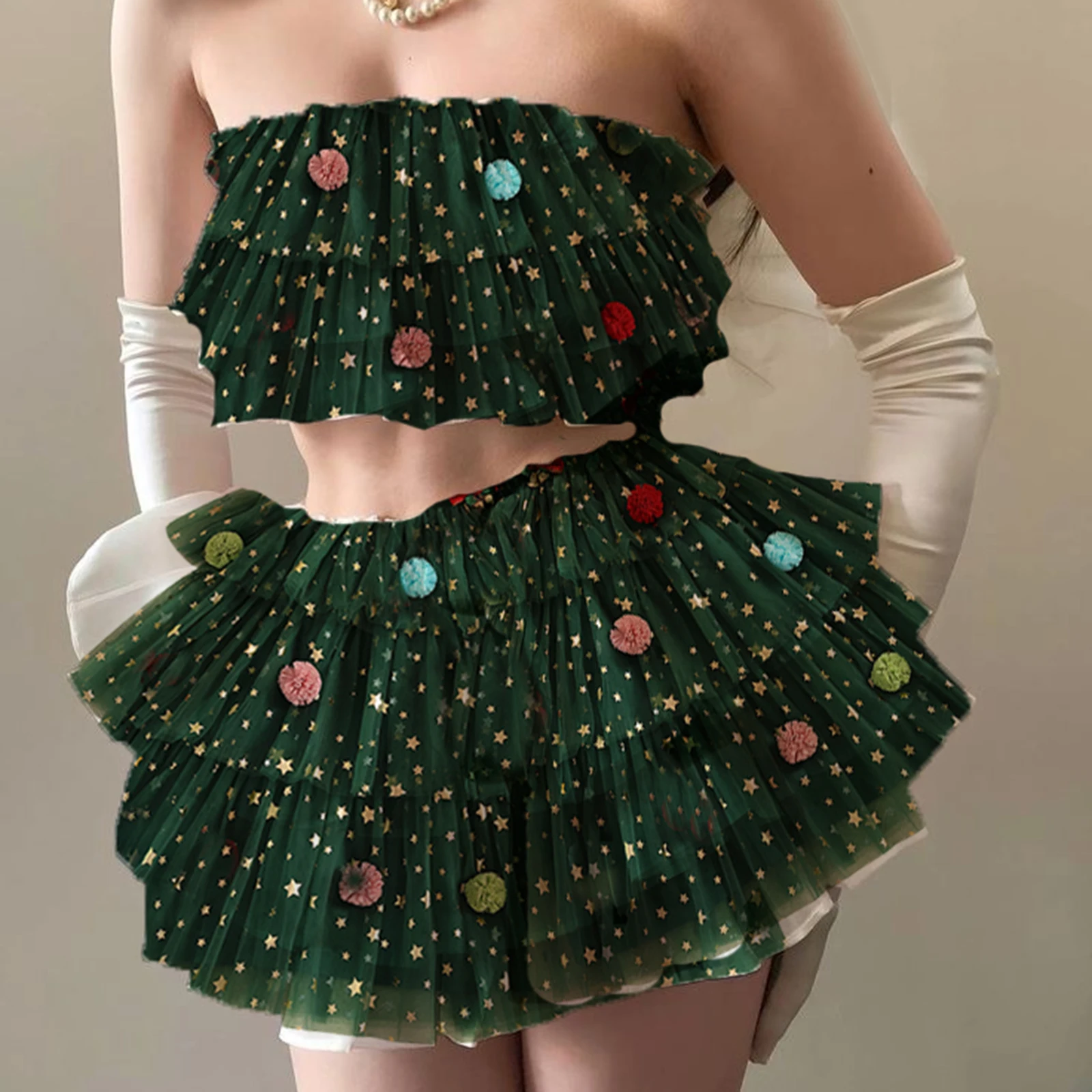 Completi natalizi da donna in due pezzi Top sexy senza spalline con stampa di stelle e minigonna in tulle Set Festival Party Clubwear