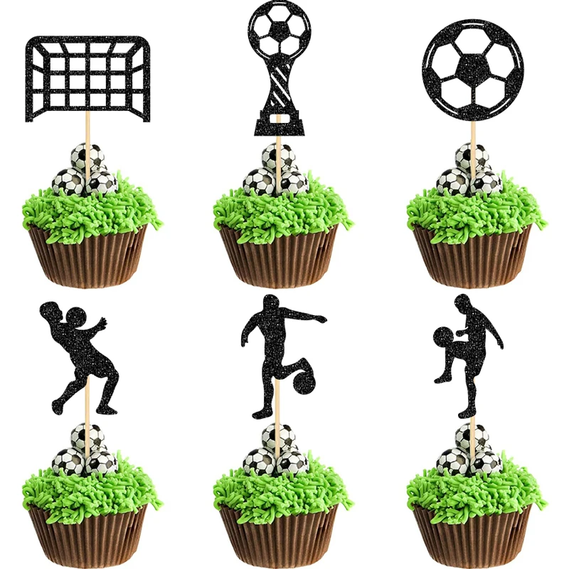 YOMDID 24 Stück Fußball-Cupcake-Topper, glitzernde Fußball-Kuchen-Dekoration, Sport-Cupcake-Picks, Fußball-Thema, Geburtstagskuchen-Topper – Detail 6