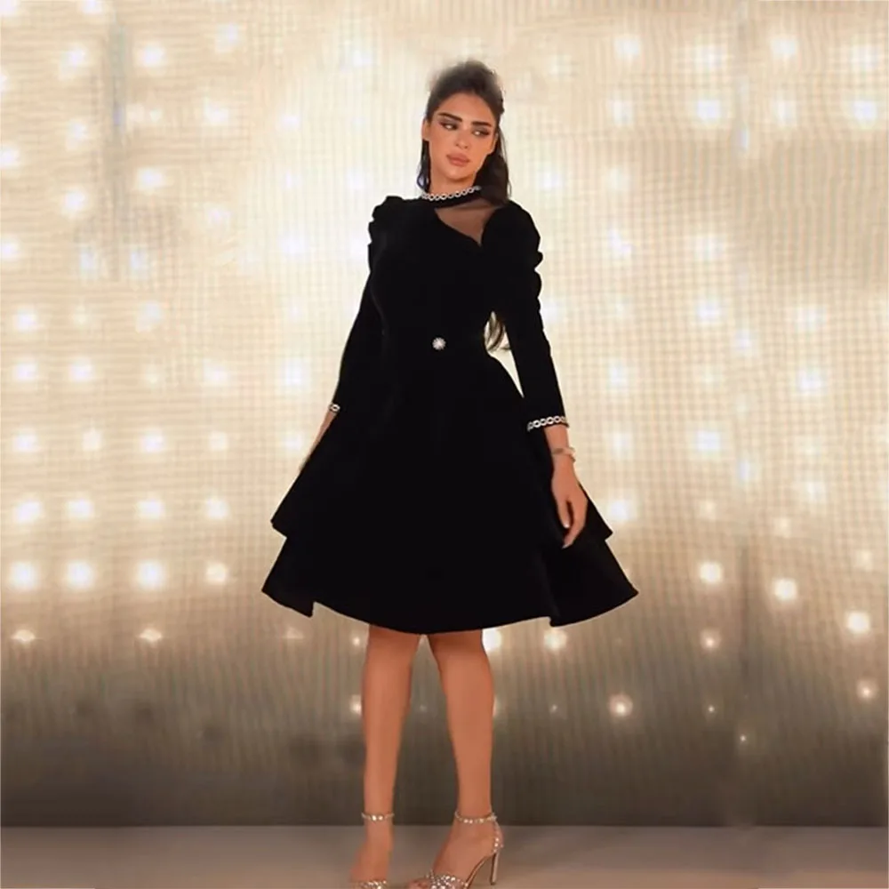 

High Neck Three Quarter Sleeve Elegant Knee-Length Prom Gown Black Tiered A-Line Draped Lace Velour Simple Evening Dresses