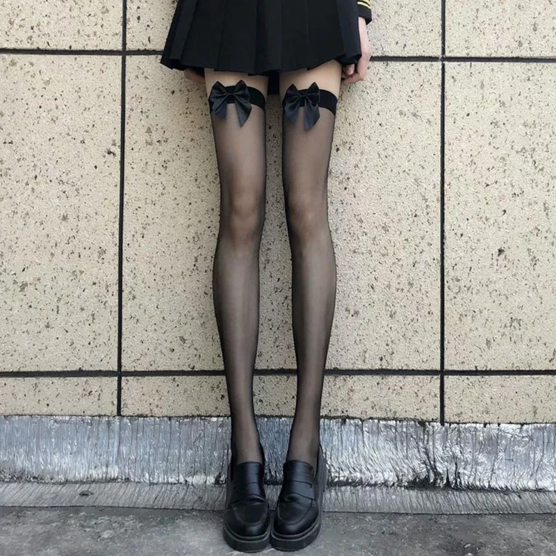 Women Summer Thin Nylon Thigh High Stockings Japanese Girls Sweet Bowknot Stretchy Over Knee Long Socks Anime Cosplay Hosiery