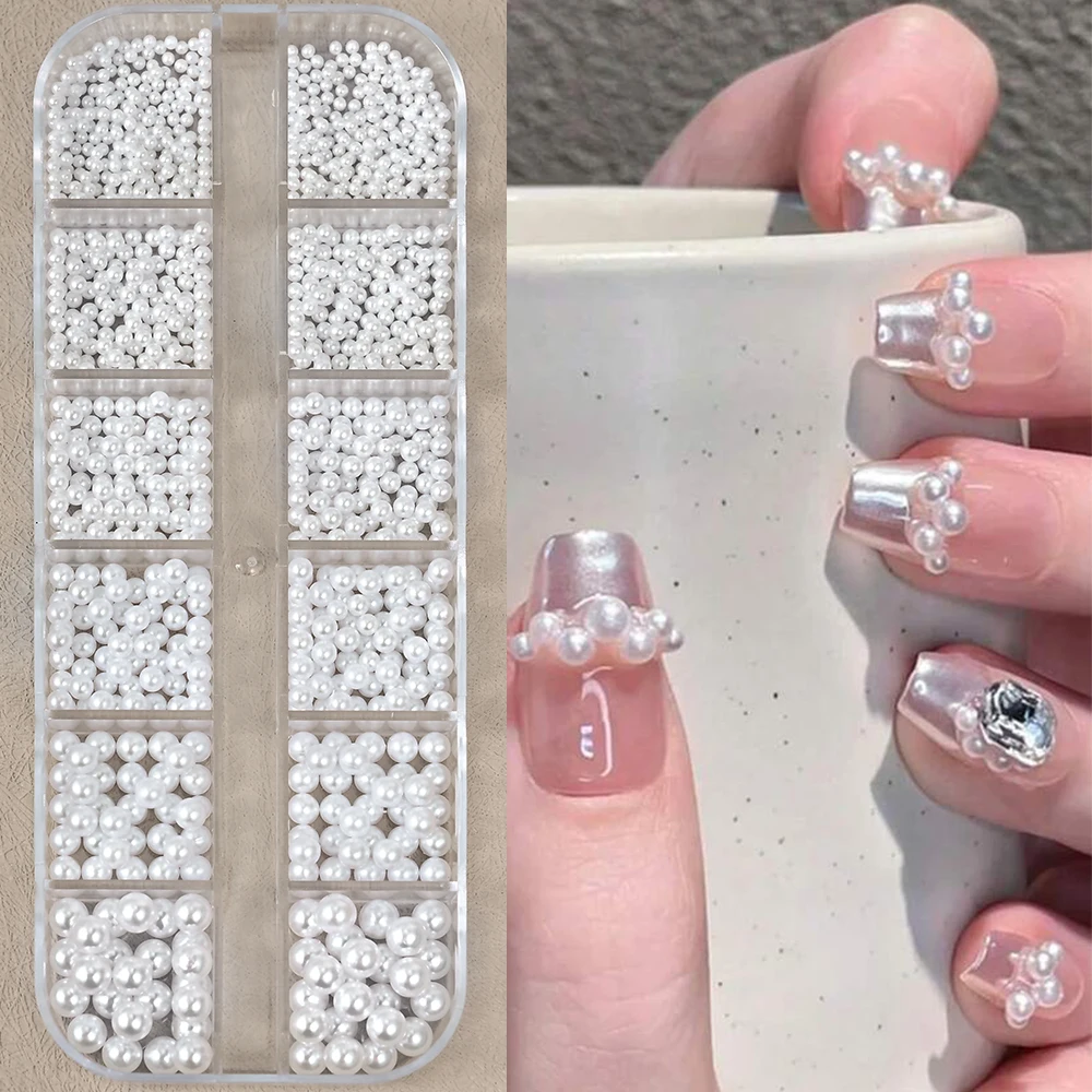 12Grid 3D White Pearl Beads Nail Charm Mixed Size Round/Semicircle Flatback Pearls Nail Art Rhinestone DIY Manicure Decoration
