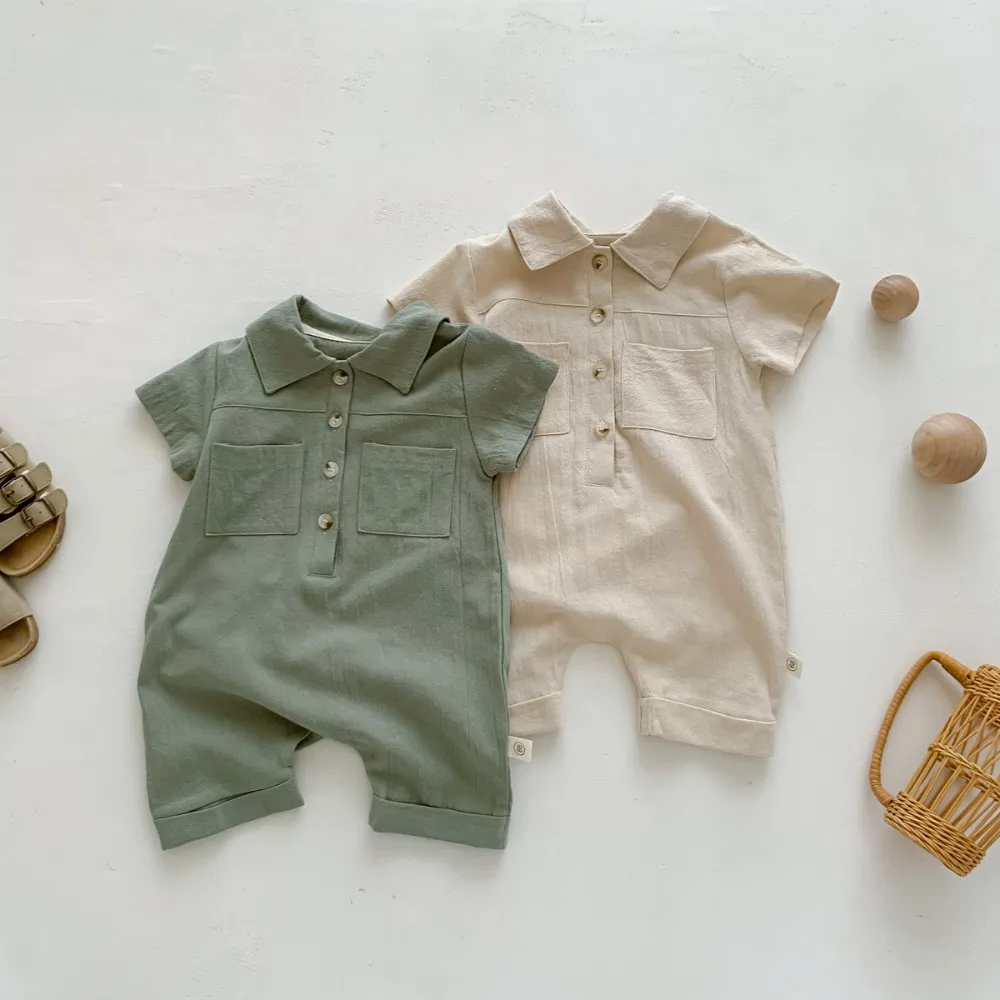 Summer Baby Boy Romper 0-2Years Fashion Newborn Solid Color Short Sleeve Turn Down Collar Pocket Jumpsuit Outfits Cargo Clothes