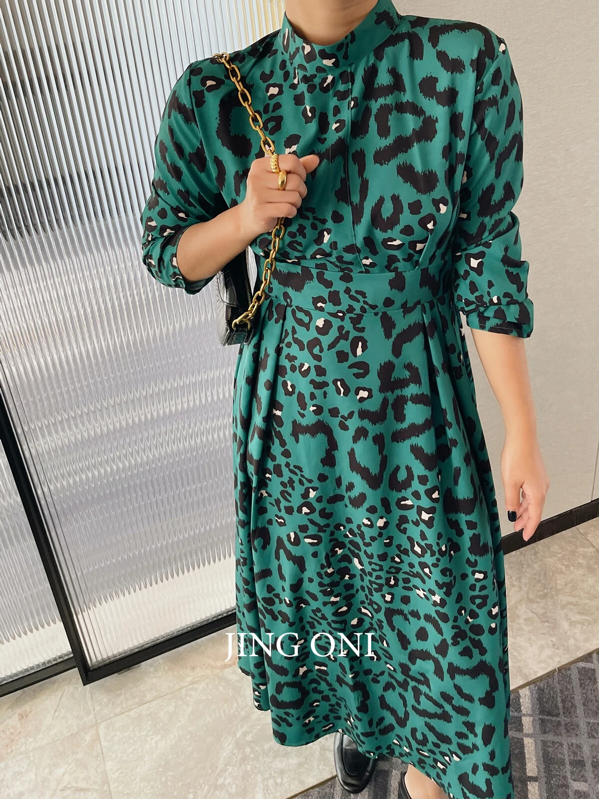 Green Leopard Evening Dresses Party Blouse Woman Clothing 2023 Y2k Korean Fashion Style Vintage Elegant Long Sleeve Robe Luxury