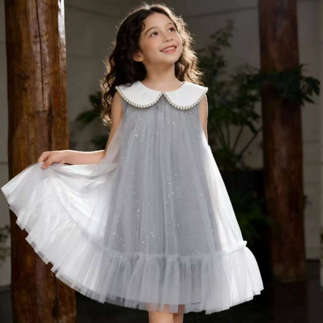 Girls' Vest Mesh Skirt Summer New Style Doll Collar Western-style Middle-aged Princess Skirt High-end Dress