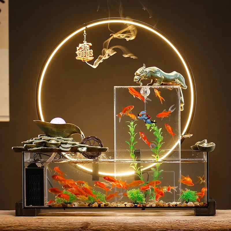 Creative circulation flow small glass gold fish tank water-free office desktop living room landscaping aquarium ornament