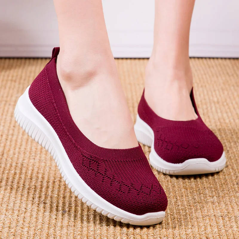 Women Vulcanized Shoes Breathable Outdoor Casual Shoes Mesh Knitted Sneakers Shoes Slip-On Sock Shoe Female Tennis Walking Shoes