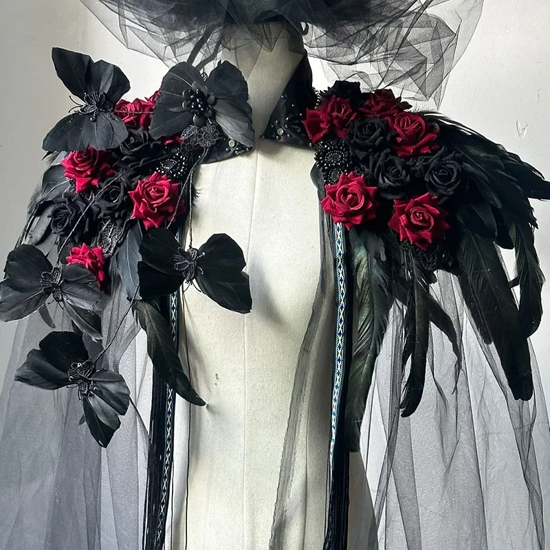 Custom shoulder ornament host steampunk dark rose flower feather removal stand-up collar