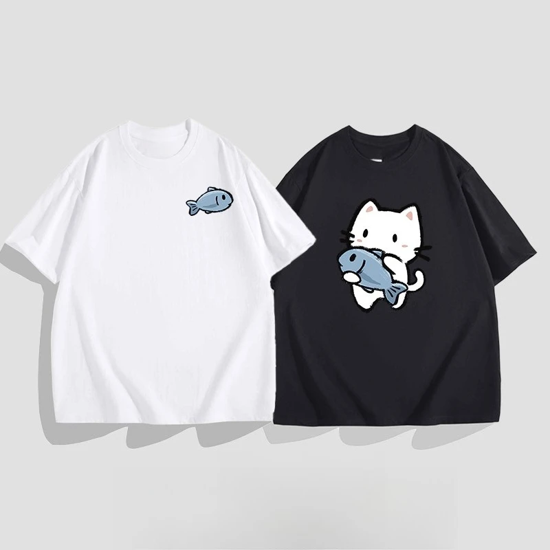 

Motorcycle Cat Love Fish Special Couple Outfit Summer Trend 2025 New High-End Street Style Niche Short Sleeves