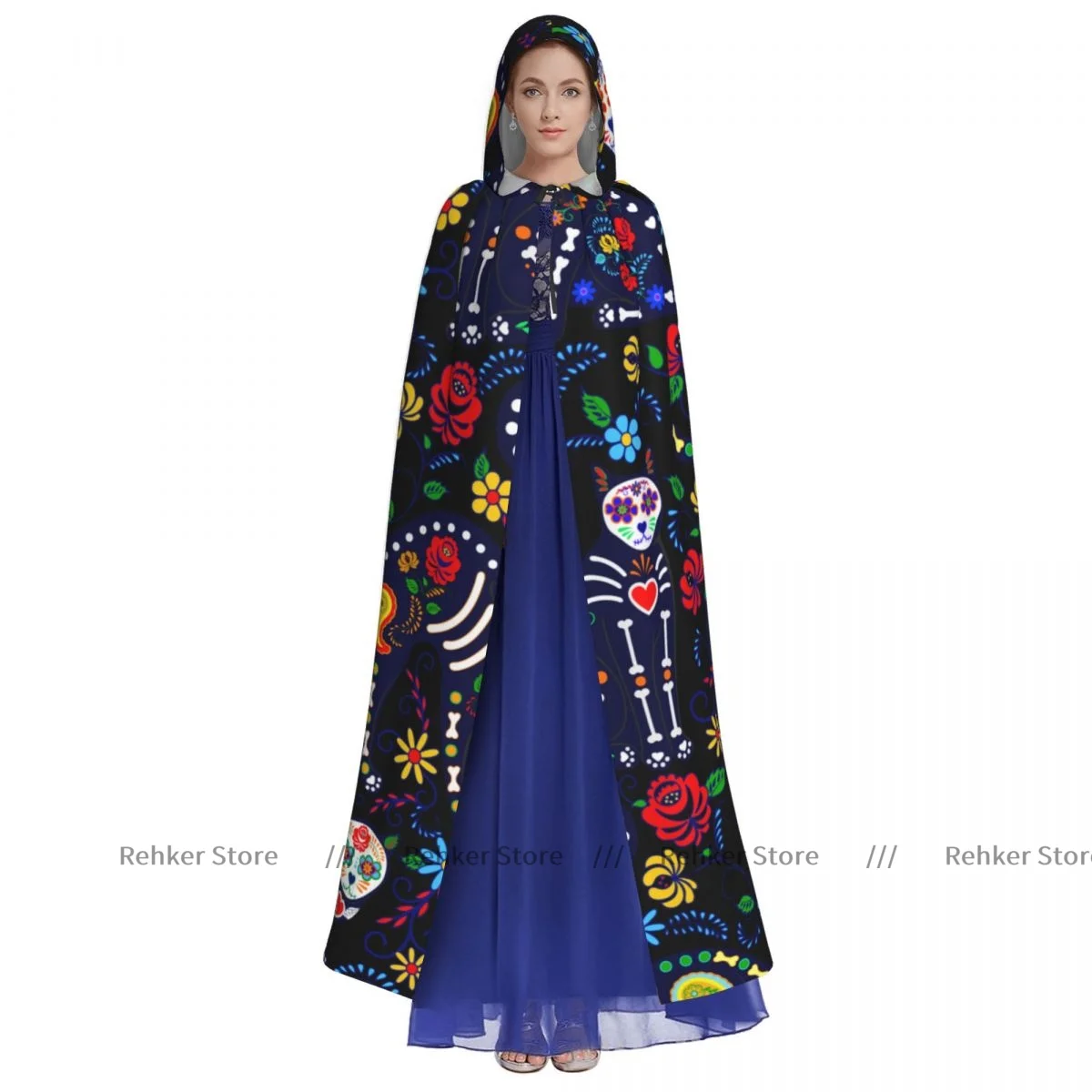 Calavera Cats And Sugar Skulls For Day Of The Dead Cloak Hooded Cosplay Costume Halloween Adult Long Party Cape