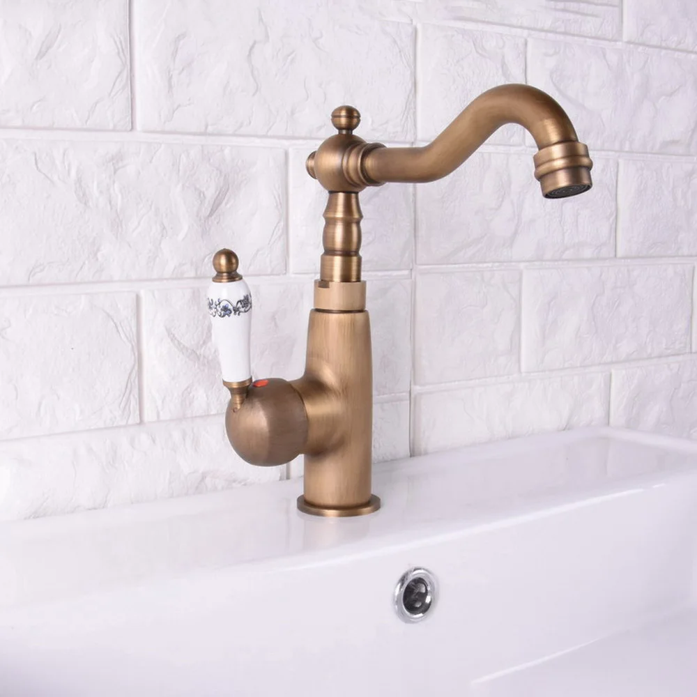 

Antique Brass Single Handle Swivel Spout Bathroom Basin Kitchen Sink Faucet Cold & Hot Mixer Tap asf112