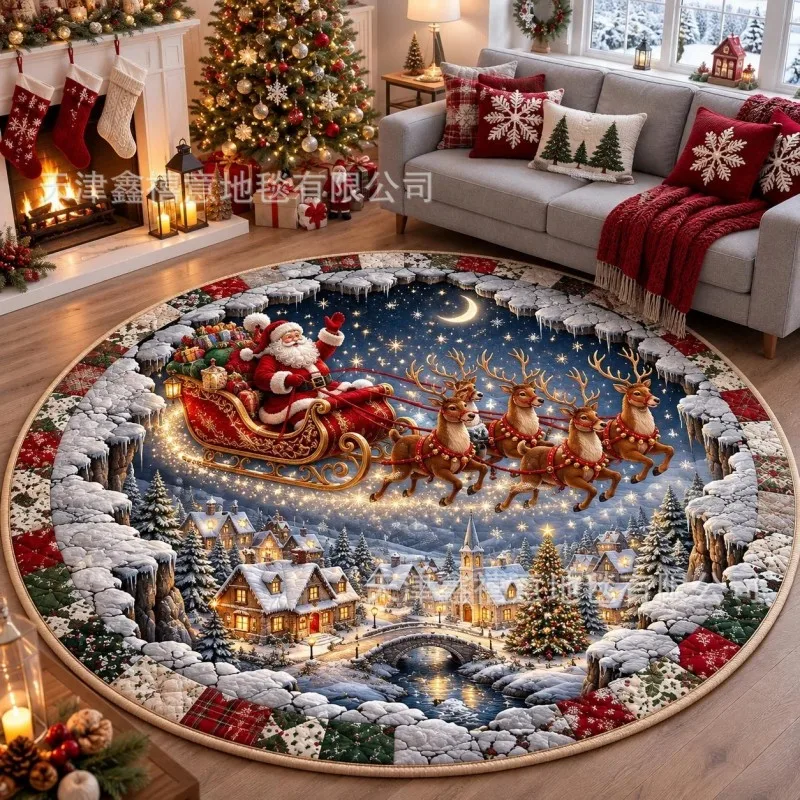 VIKAMA Santa Sleigh Reindeer Snow Village Icicle Round Rug Dirt Resistant Machine Washable Living Room Holiday Home Decor